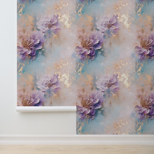 Gold Aqua Paarse Bloemen Behang (Applicatie)