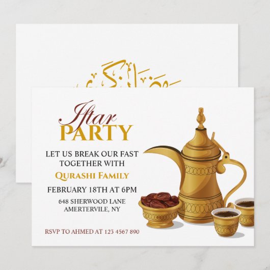 Gold Arabic Dallah Coffee & Dates Iftar Party Kaart (Voorkant / Achterkant)