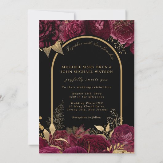 Gold Arch Dark Burgundy Rozen Floral Black Wedding Kaart (Voorkant)
