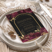 Gold Arch Dark Burgundy Rozen Floral Black Wedding Kaart