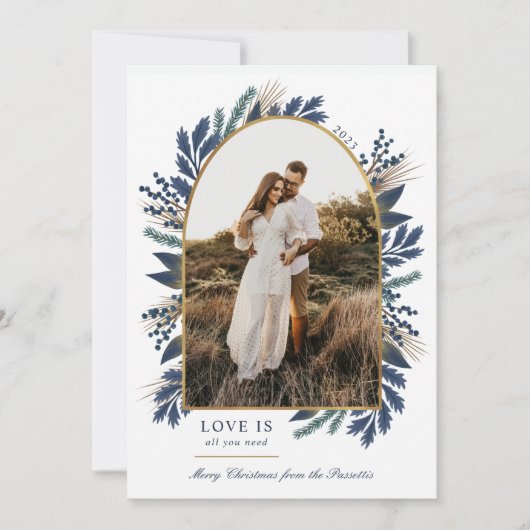 Gold Arch Elegant Foliage Navy One Photo met kerst Feestdagenkaart (Voorkant)