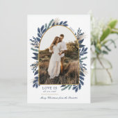 Gold Arch Elegant Foliage Navy One Photo met kerst Feestdagenkaart (Staand voorkant)