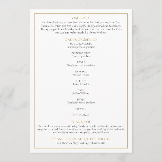 Gold Arch Foliage Funeral Order of Service Program Programmakaart (Achterkant)