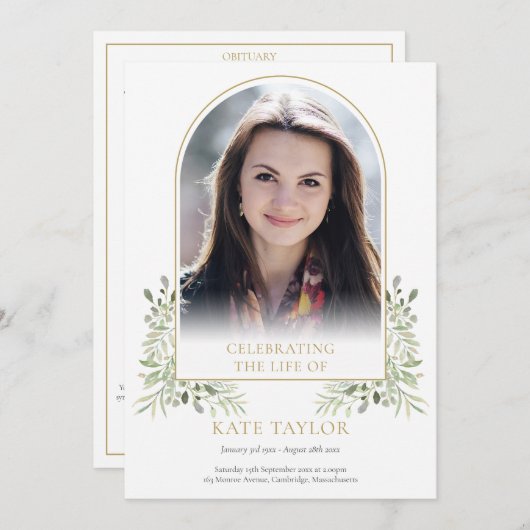 Gold Arch Foliage Funeral Order of Service Program Programmakaart (Voorkant / Achterkant)