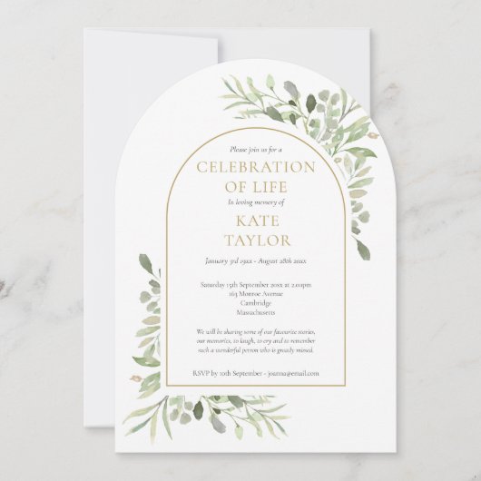 Gold Arch Greenery begrafenis viering van het leve Kaart (Voorkant)