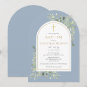Gold Arch Greenery Dusty Blue Boy doop Kaart (Voorkant / Achterkant)