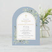 Gold Arch Greenery Dusty Blue Boy doop Kaart (Staand voorkant)