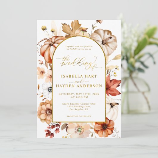 Gold Arch Herfst Bloemen Pompoen Cream Rust Weddin Kaart (Staand voorkant)