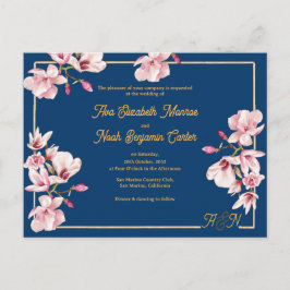 Gold Arch Navy Magnolia Floral Wedding Invitation Briefkaart