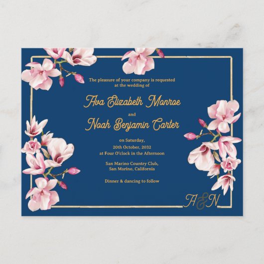Gold Arch Navy Magnolia Floral Wedding Invitation Briefkaart (Voorkant)
