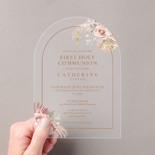 Gold Arch Pampas Grass Bloemen Eerste Heilige Comm Acryl Uitnodigingen (Insitu (Draagbaar))