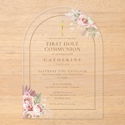 Gold Arch Pampas Grass Bloemen Eerste Heilige Comm Acryl Uitnodigingen (Voorkant)