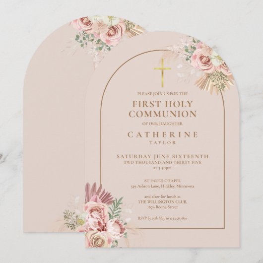 Gold Arch Pampas Grass Bloemen Eerste Heilige Comm Kaart (Voorkant / Achterkant)