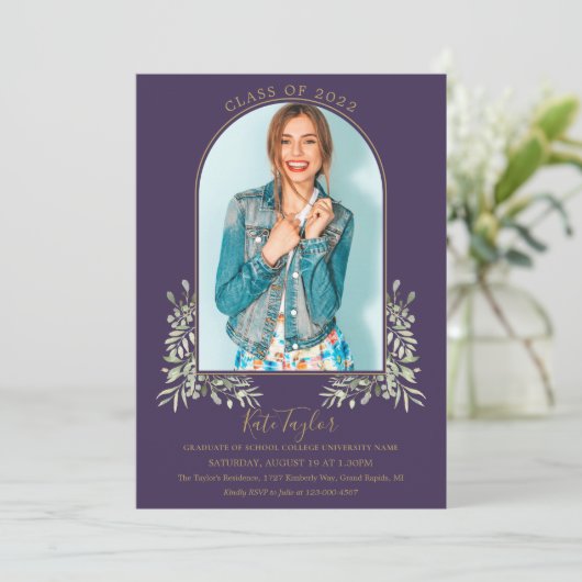 Gold Arch Photo Paars Foliage Afstuderen Kaart (Staand voorkant)