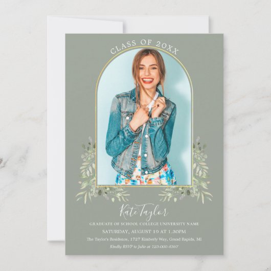 Gold Arch Photo Sage Green Foliage Afstuderen Kaart (Voorkant)