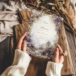 Gold Arch Pink and Purple Floral Castle Wedding Kaart