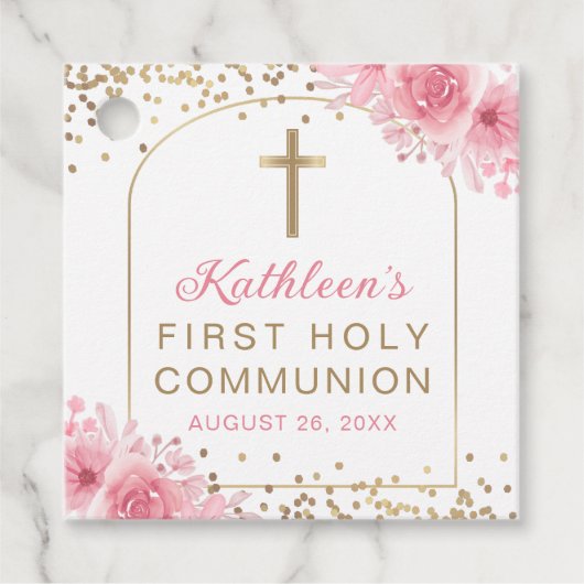 Gold Arch Pink Floral Eerste Communie Dank je Bedankjes Labels (Voorkant)