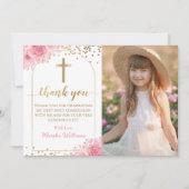 Gold Arch Pink Floral First Heilige Communfoto Bedankkaart (Voorkant)