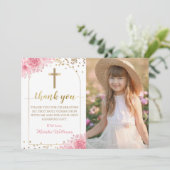 Gold Arch Pink Floral First Heilige Communfoto Bedankkaart (Staand voorkant)