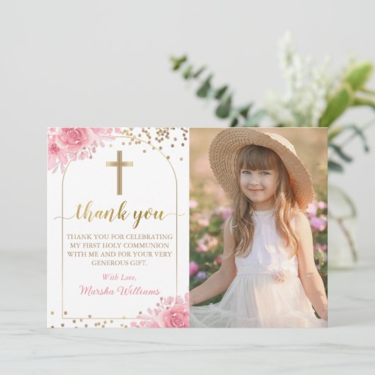 Gold Arch Pink Floral First Heilige Communfoto Bedankkaart (Staand voorkant)