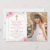 Gold Arch Pink Floral First Heilige Communfoto Kaart (Voorkant)