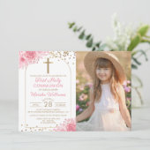 Gold Arch Pink Floral First Heilige Communfoto Kaart (Staand voorkant)