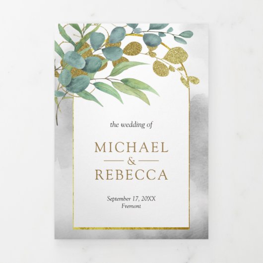 Gold Arch Rustic Eucalyptus verlaat Fotobruiloft Drieluik Uitnodiging (Cover)