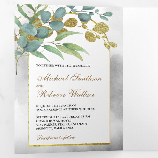 Gold Arch Rustic Eucalyptus verlaat Fotobruiloft Drieluik Uitnodiging (Binnenzijde eerst)