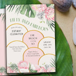 Gold Arch Tropical Protea en Palm 50th Birthday Kaart<br><div class="desc">50e verjaardagsfeestdag met gouden boogvormig ontwerp, tropische proteasbloemen en groen. Het ontwerp is getiteld "50 en verbluffend" en de sjabloon is ingesteld om uw aangepaste formulering toe te voegen. Dit bloemontwerp heeft moderne goudarchen met waterkleuren bloemen en foliage in tinten roze en groene. Elegant art deco-stijl en perfect voor een...</div>
