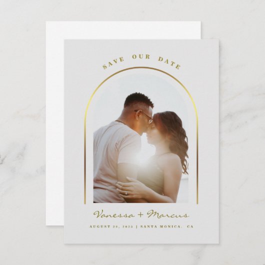 Gold Arched Lijst Trouwfoto Sla de datum op Aankondigingskaart (Voorkant / Achterkant)