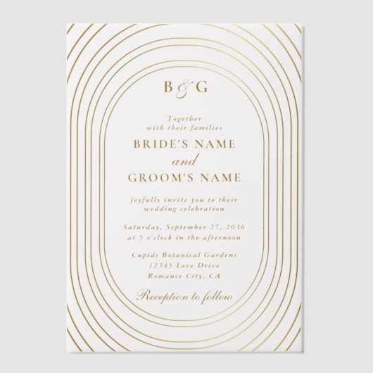 Gold Arches Monogram Trouwbedekking Vellum Uitnodigingen (Voorkant)