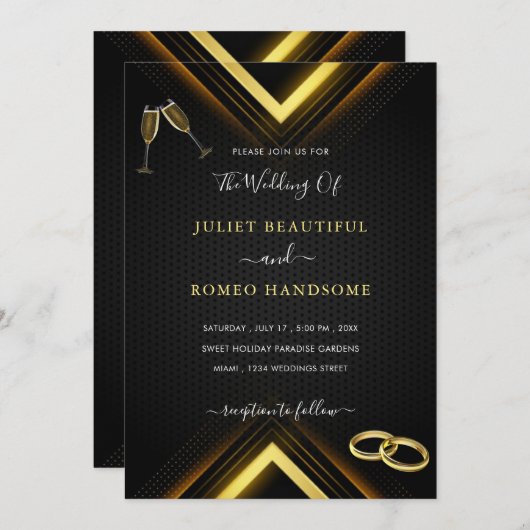 Gold Arrows Modern Golden Black Wedding Invitation (Voorkant / Achterkant)