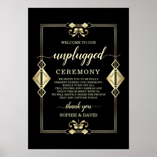 Gold Art Deco 20s Unplugged Wedding Ceremony Sign Poster (Voorkant)