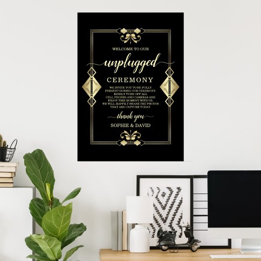 Gold Art Deco 20s Unplugged Wedding Ceremony Sign Poster (Thuiskantoor)