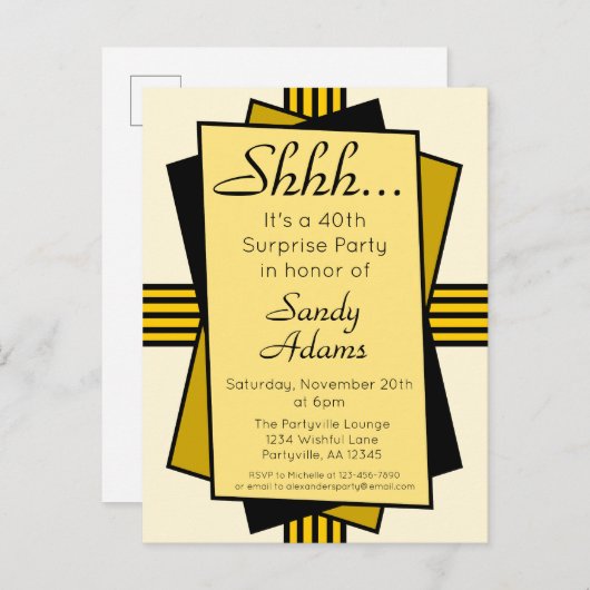 Gold Art Deco 40th Surprise Party Birthday Uitnodiging Briefkaart (Voorkant / Achterkant)