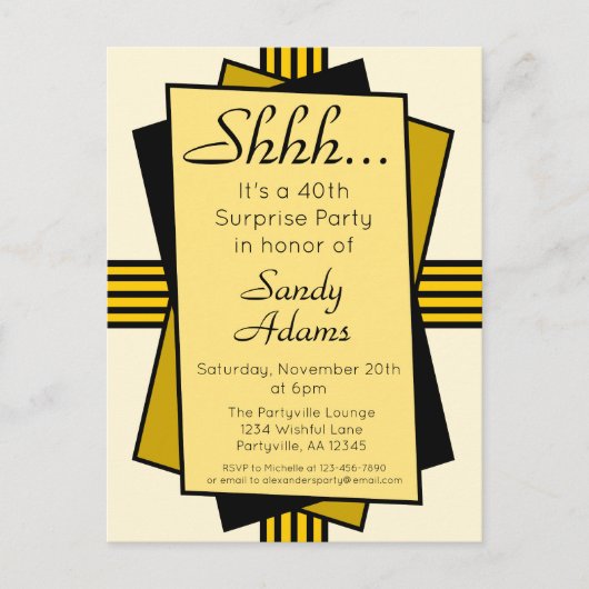 Gold Art Deco 40th Surprise Party Birthday Uitnodiging Briefkaart (Voorkant)