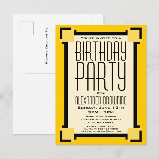 Gold Art Deco Birthday Party Invitation Briefkaart (Voorkant / Achterkant)