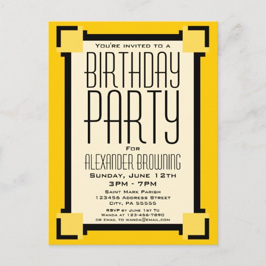 Gold Art Deco Birthday Party Invitation Briefkaart (Voorkant)