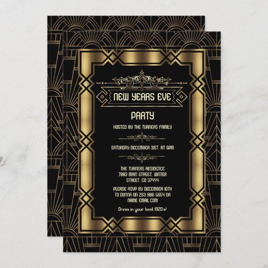 Gold Art Deco Gatsby 1920s Nieuwjaarsfeest Kaart (Voorkant / Achterkant)
