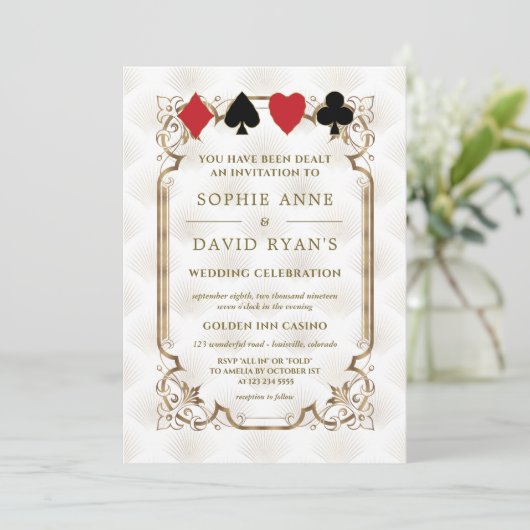 Gold Art Deco Gatsby Casino Vegas Poker Wedding Kaart (Staand voorkant)