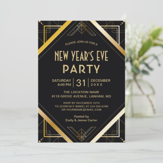 Gold Art Deco Gatsby New Years Eve Party Invite Kaart (Staand voorkant)