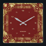 Gold Art Deco-Lijst op donkerrood Vierkante Klok<br><div class="desc">Gouden tinten Art Deco lijst,  geometrische stijl over een donkerrode achtergrond.  monogram.</div>