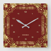 Gold Art Deco-Lijst op donkerrood Vierkante Klok (Voorkant)