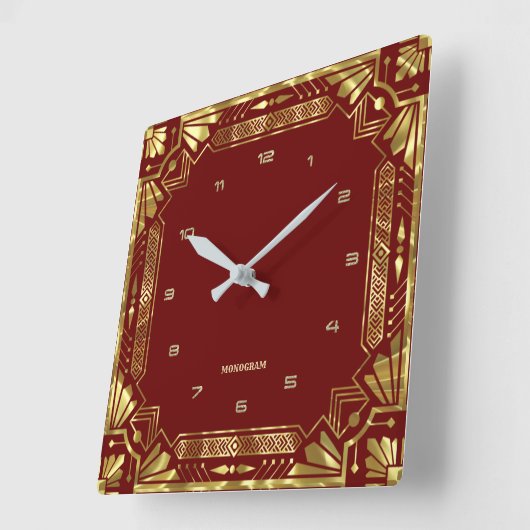 Gold Art Deco-Lijst op donkerrood Vierkante Klok (Hoek)