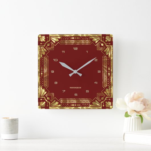 Gold Art Deco-Lijst op donkerrood Vierkante Klok (Huis)