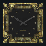 Gold Art Deco-Lijst Vierkante Klok<br><div class="desc">Gold tones Art Deco lijst,  geometrische stijl boven een zwarte achtergrond.  monogram.</div>