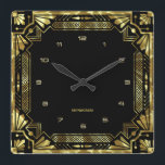 Gold Art Deco-Lijst Vierkante Klok<br><div class="desc">Gold tones Art Deco lijst,  geometrische stijl boven een zwarte achtergrond.  monogram.</div>