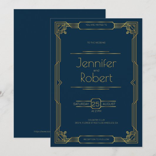 Gold Art Deco-lijst voor het huwelijk op blauwe ui Bedankkaart (Voorkant / Achterkant)