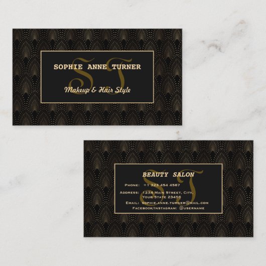 Gold Art Deco Monogram Makeup Artiest Visitekaartje (Voorkant / Achterkant)