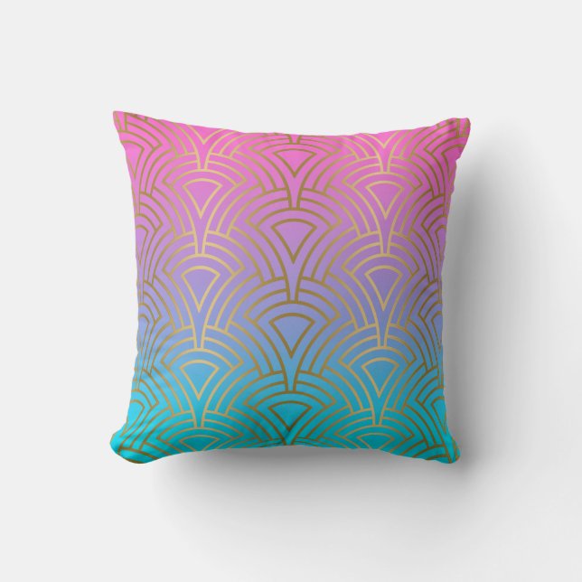 Gold art-deco patroon op roze en blauwe ombre kussen (Voorkant)